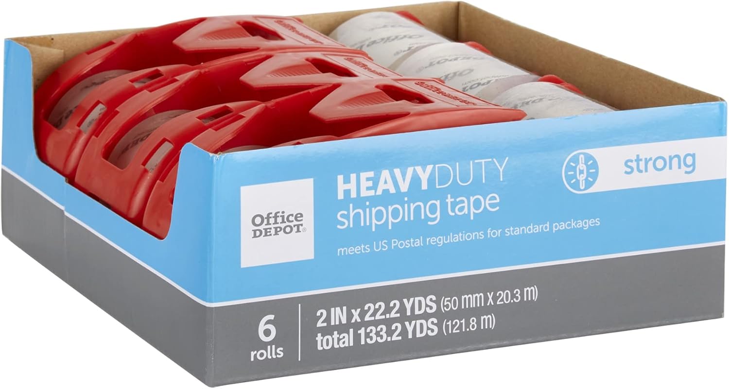Office Depot® Brand Heavy Duty Shipping Packing Tape With Dispenser, 2" x 22.2 Yd, Crystal Clear, Pack Of 6 Rolls