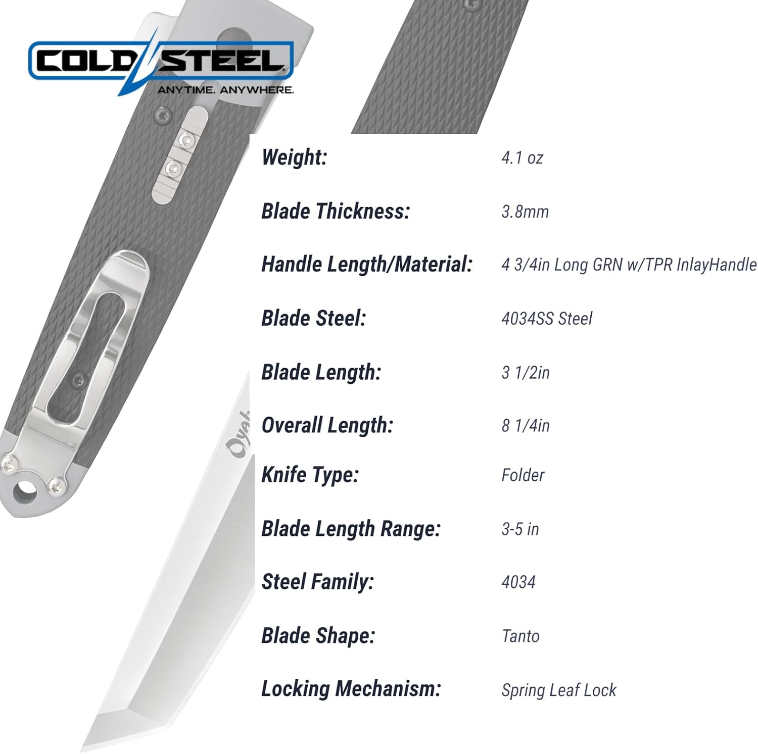 Cold Steel Oyabun 3.5" 4034SS Tanto Point Razor-Sharp Blade 4.75" Griv-Ex Handle Everyday Carry Pocket Folding Knife