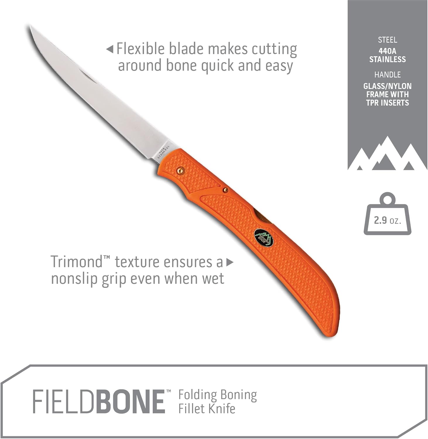 OUTDOOR EDGE Fish & Bone Folding Fillet Knife with 5.0" 440A Stainless Blade - Pocket Clip