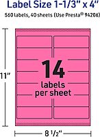 Avery Printable Rectangle Labels, Sure Feed Technology, 1-1/3" x 4", Bright Pink, Laser/Inkjet Printable