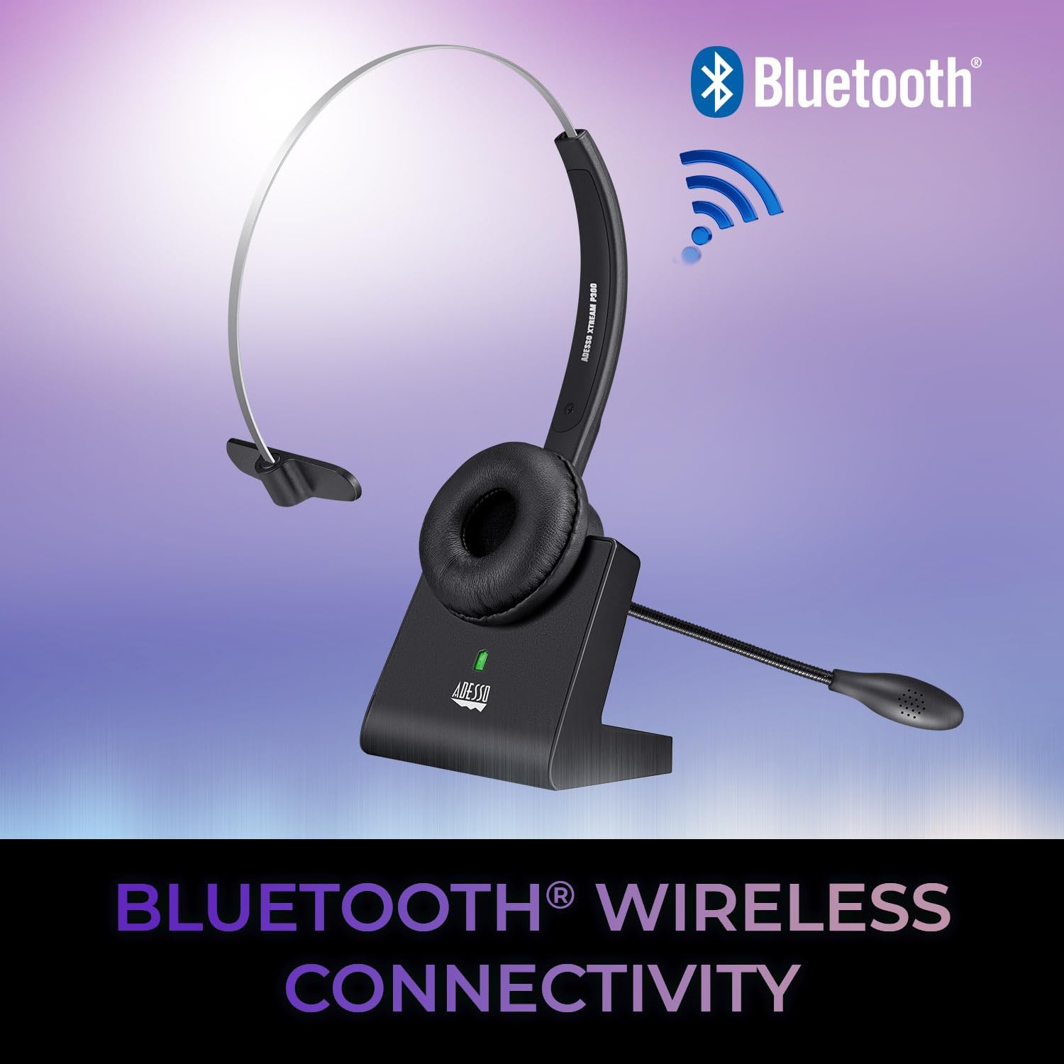 ADESSO Xtream P300 Bluetooth Single Ear Headset with Charging Dock 14 Hour Talk Time Wireless Office Headphone