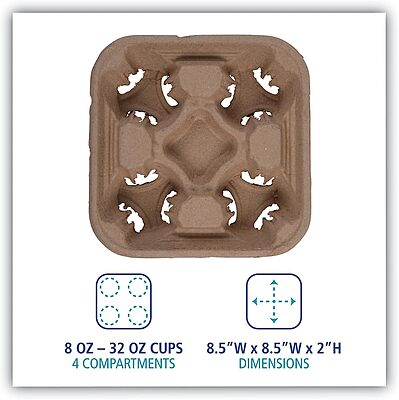 Boardwalk BWK4CUPCARRIER Four Cup Carrier Tray for 8-32 oz. Cups - Kraft (300/Carton)
