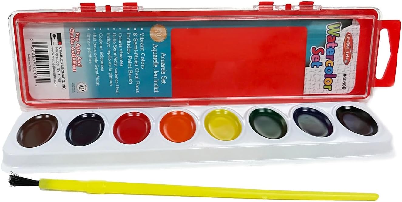 Charles Leonard Semi-Moist Watercolor Paint Set, Oval Pan with Brush, 8 Assorted Colors, 12 Sets