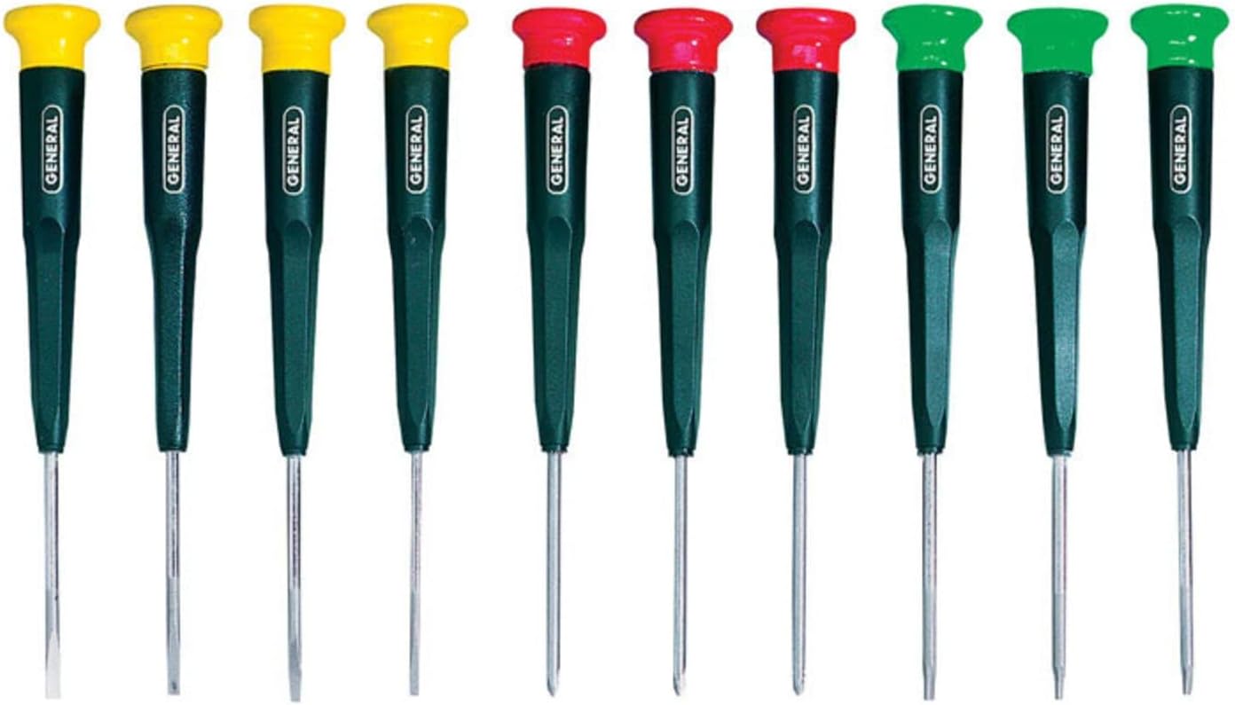 General Tools 690 Precision Screwdrivers, Set of 10, Color-Coded Slotted, Phillips and Torx Bits with Swivel Heads