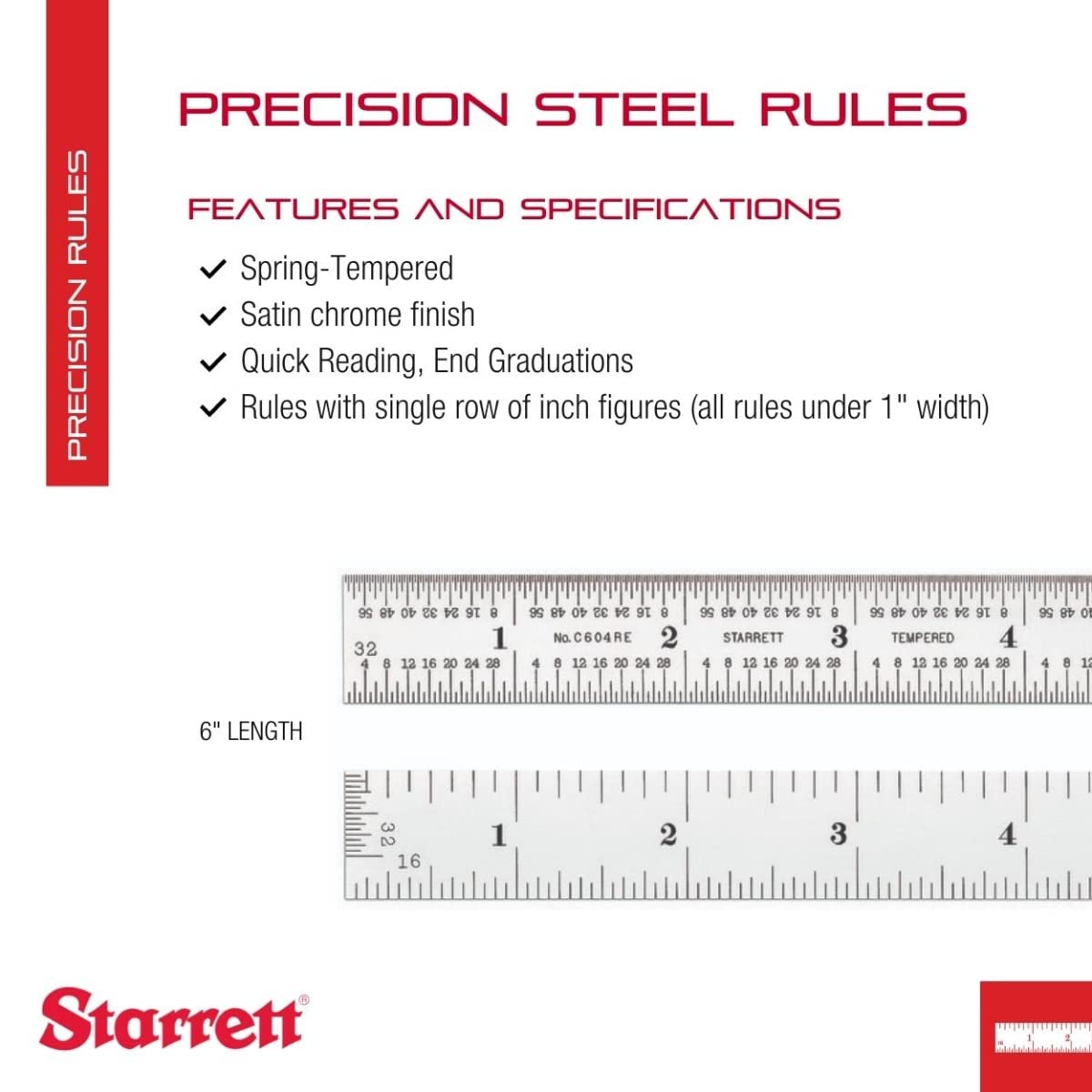 Starrett Spring Tempered Steel Rule with Satin Chrome Finish