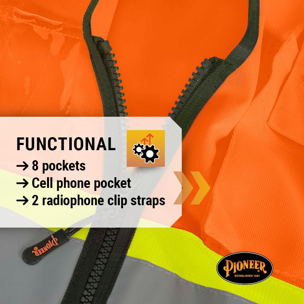 Pioneer Hi-Vis Reflective Safety Vest, Solid Neon, 8 Pockets, Zipper, Adjustable