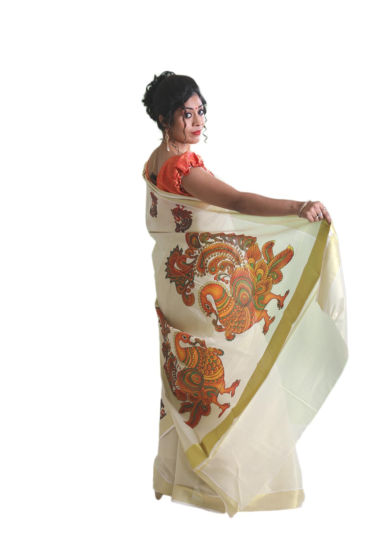 Kuthampully Kerala Kasavu Saree Tissue Mural Painted | Traditional South Indian Saree | Onam Saree - Multi Color KTM-821