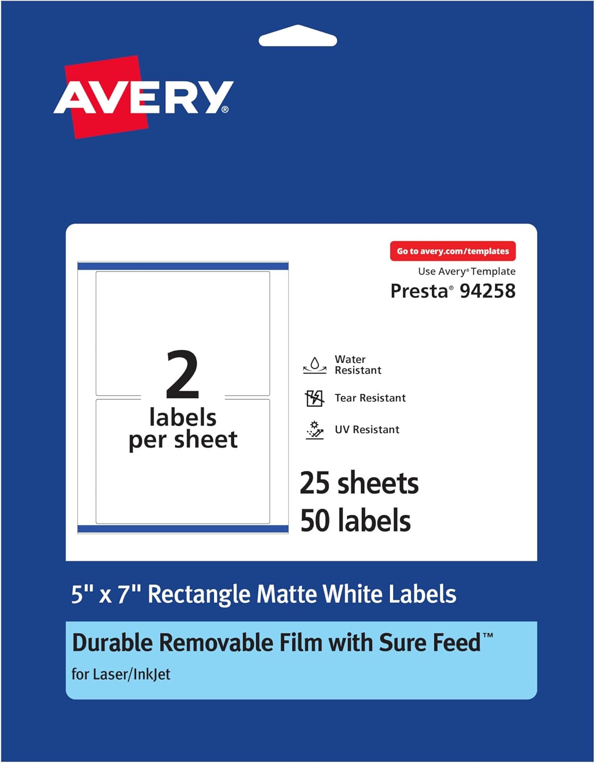 Avery Durable Removable Rectangle Labels, Sure Feed Technology, 5" x 7", Matte White Film, Water-Resistant - 1D1DEC