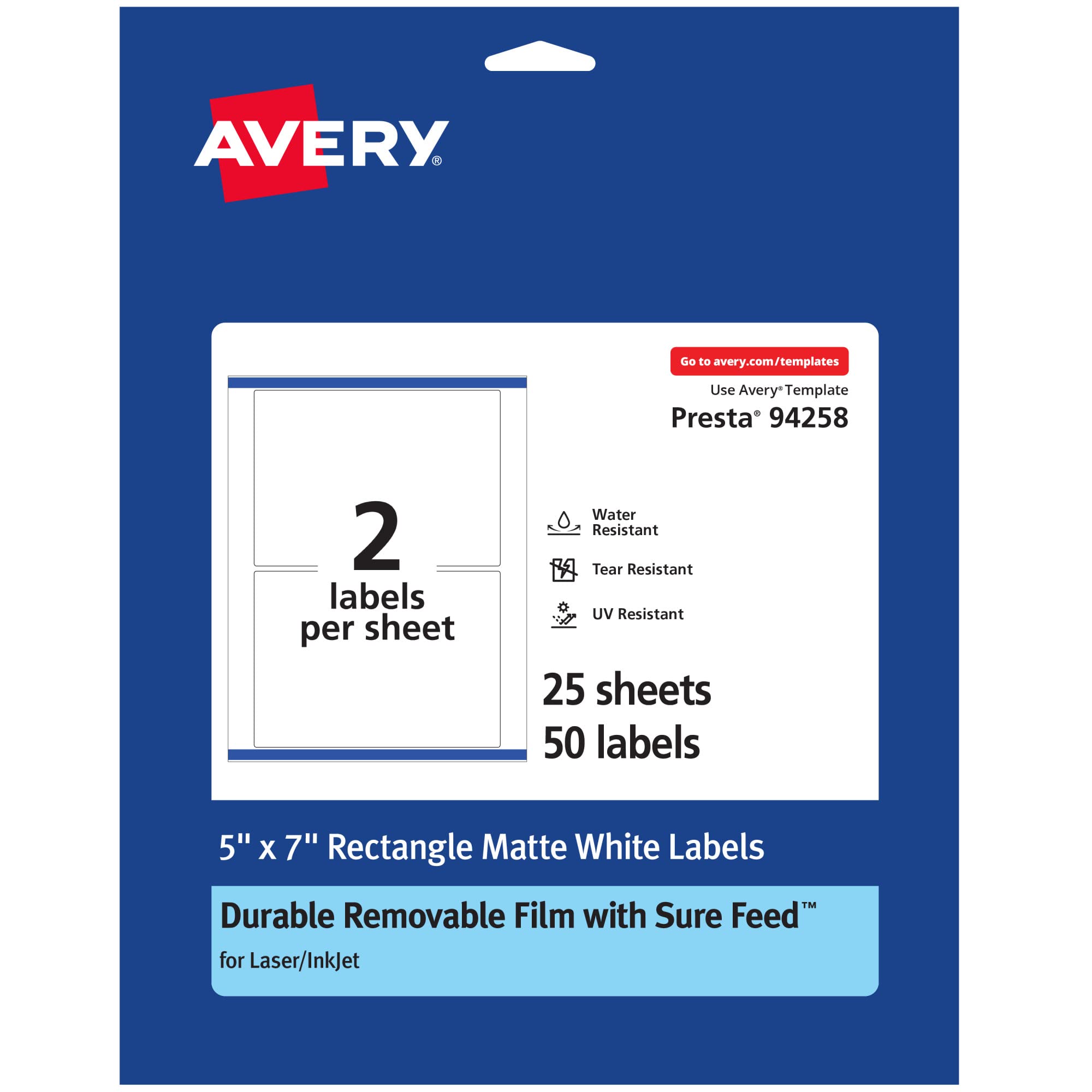 Avery Durable Removable Rectangle Labels, Sure Feed Technology, 5" x 7", Matte White Film, Water-Resistant - 1D1DEC