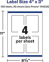 Avery Matte White Rectangle Labels, Sure Feed Technology, 4" x 3"