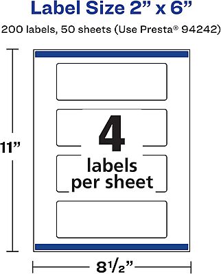 AVERY Durable Waterproof Rectangle Labels, Sure Feed Technology, 2" x 6", Print-to-The-Edge, Laser/Pigment-Based Inkjet Printable