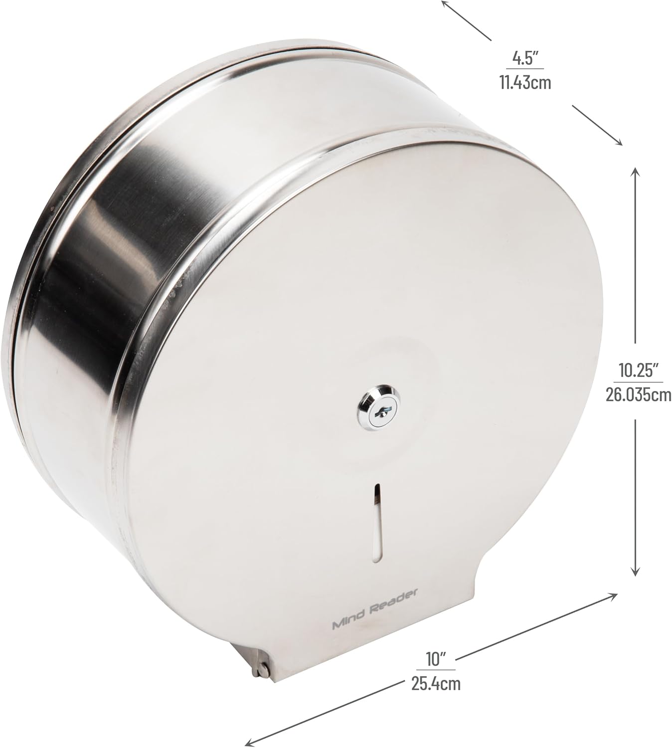 Mind Reader Toilet Paper Dispenser, Wall Mount, Lock with Key, Restroom, Stainless Steel, 10"L x 10.25"W x 4.5"H