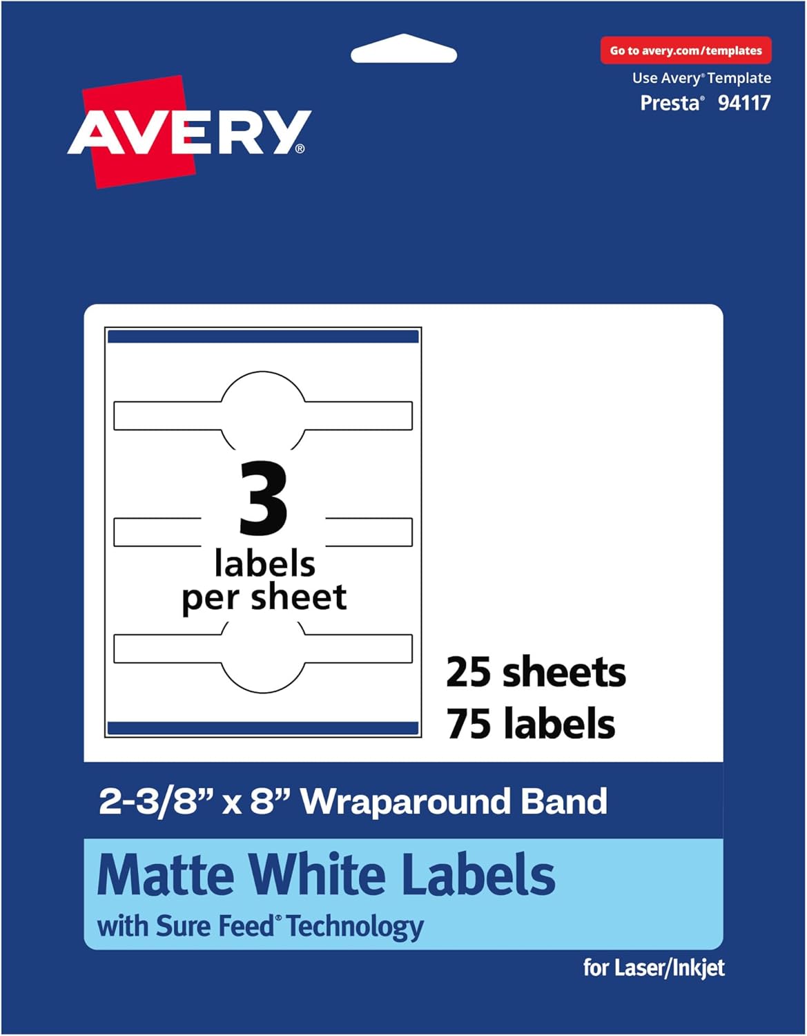 AVERY Matte White Wraparound Band Labels, Sure Feed Technology, 2-3/8" x 8", Cigar Band Labels, Permanent Adhesive - E8162F