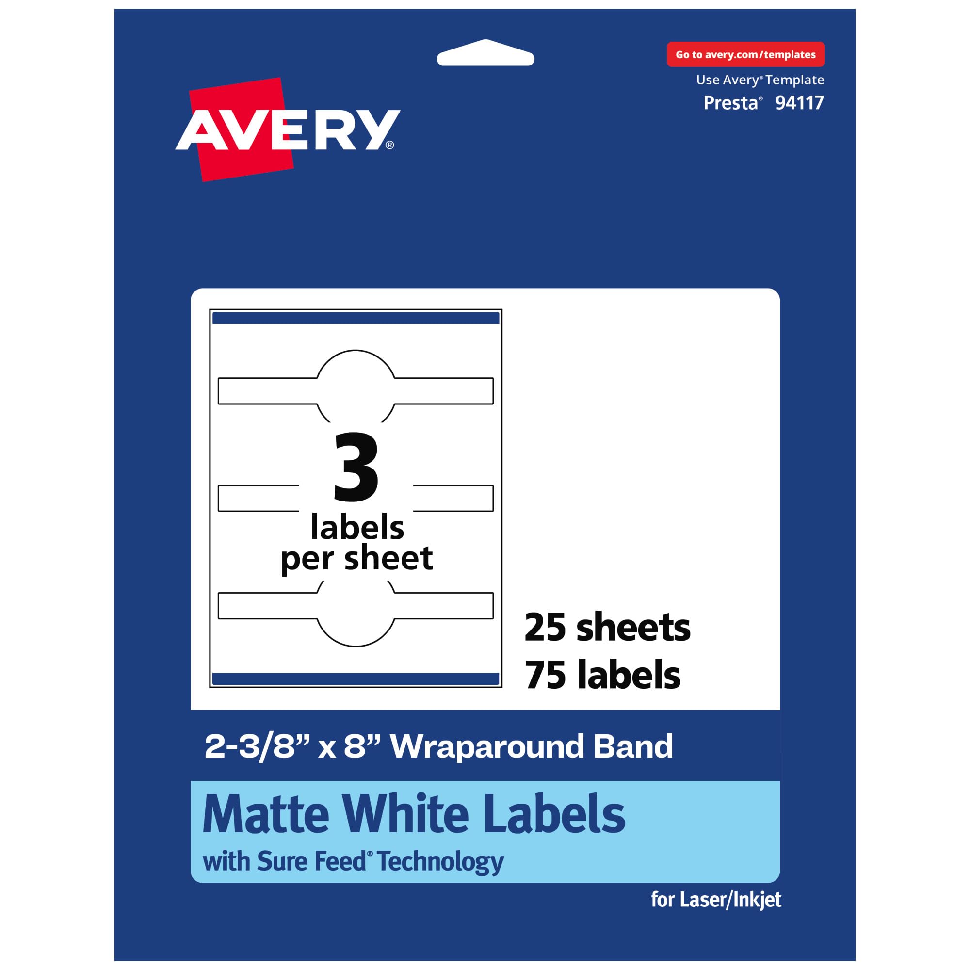 AVERY Matte White Wraparound Band Labels, Sure Feed Technology, 2-3/8" x 8", Cigar Band Labels, Permanent Adhesive - E8162F