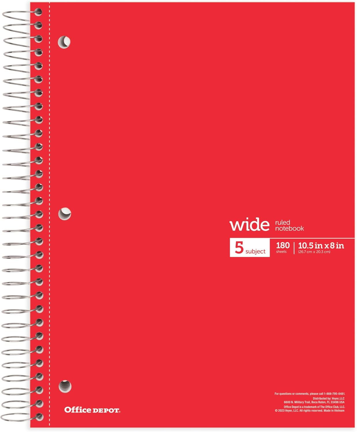 Office Depot® Wirebound Notebooks, 8" x 10-1/2", 5 Subjects, Wide Ruled, 180 Sheets, Assorted Colors, Pack Of 6 Notebooks