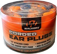 Walker's Corded Foam Earplugs 50 Pair Jar Dispenser Tub 32dB NRR Noise-Blocking ANSI S3.19 Hearing Protection Shooting