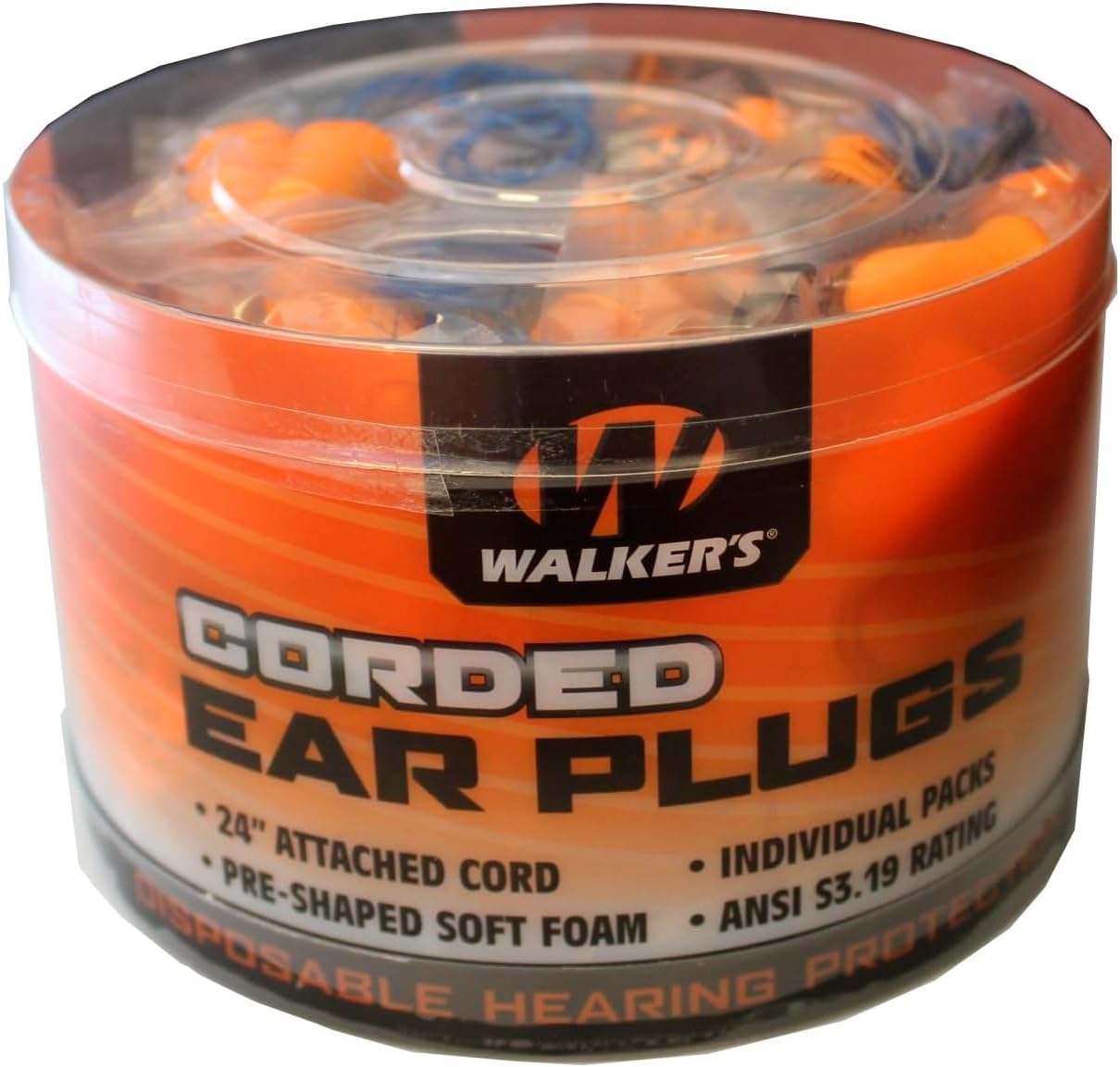 Walker's Corded Foam Earplugs 50 Pair Jar Dispenser Tub 32dB NRR Noise-Blocking ANSI S3.19 Hearing Protection Shooting