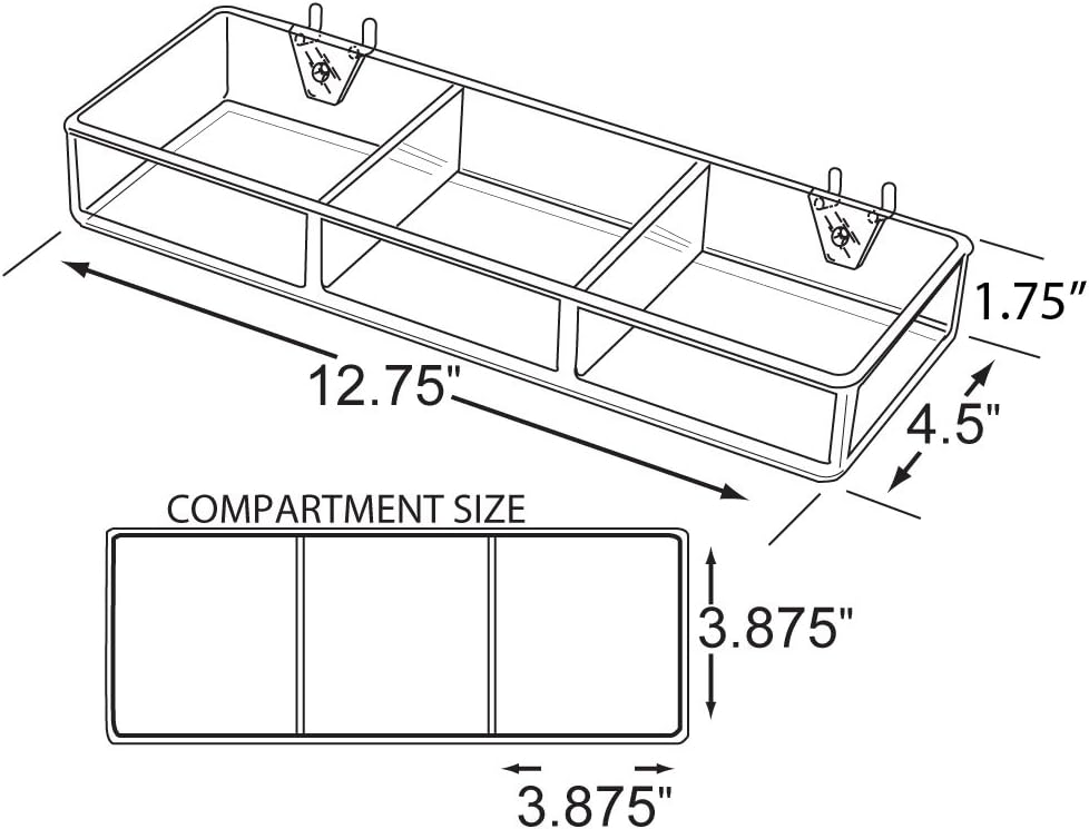 Azar Displays 3-Compartment Tray For Peg/Slat Displays, Small Size, Clear, Pack Of 2