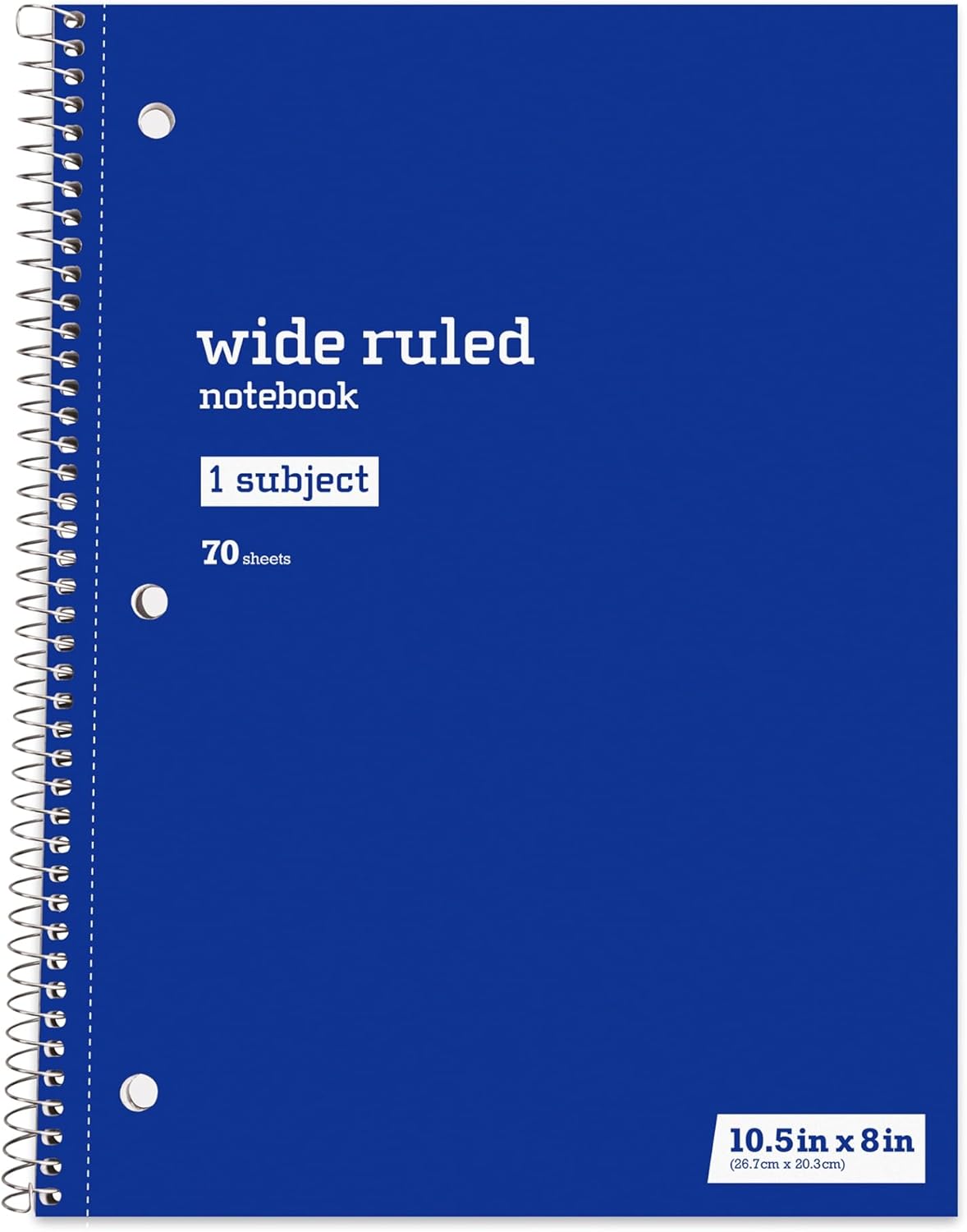 Just Basics® Spiral Notebook, 7 1/2" x 10 1/2", Wide Ruled, 140 Pages (70 Sheets), Blue