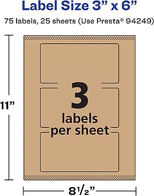 AVERY Kraft Brown Rectangle Labels, Sure Feed Technology, 3" x 6", Print-to-The-Edge, Laser/Inkjet Printable