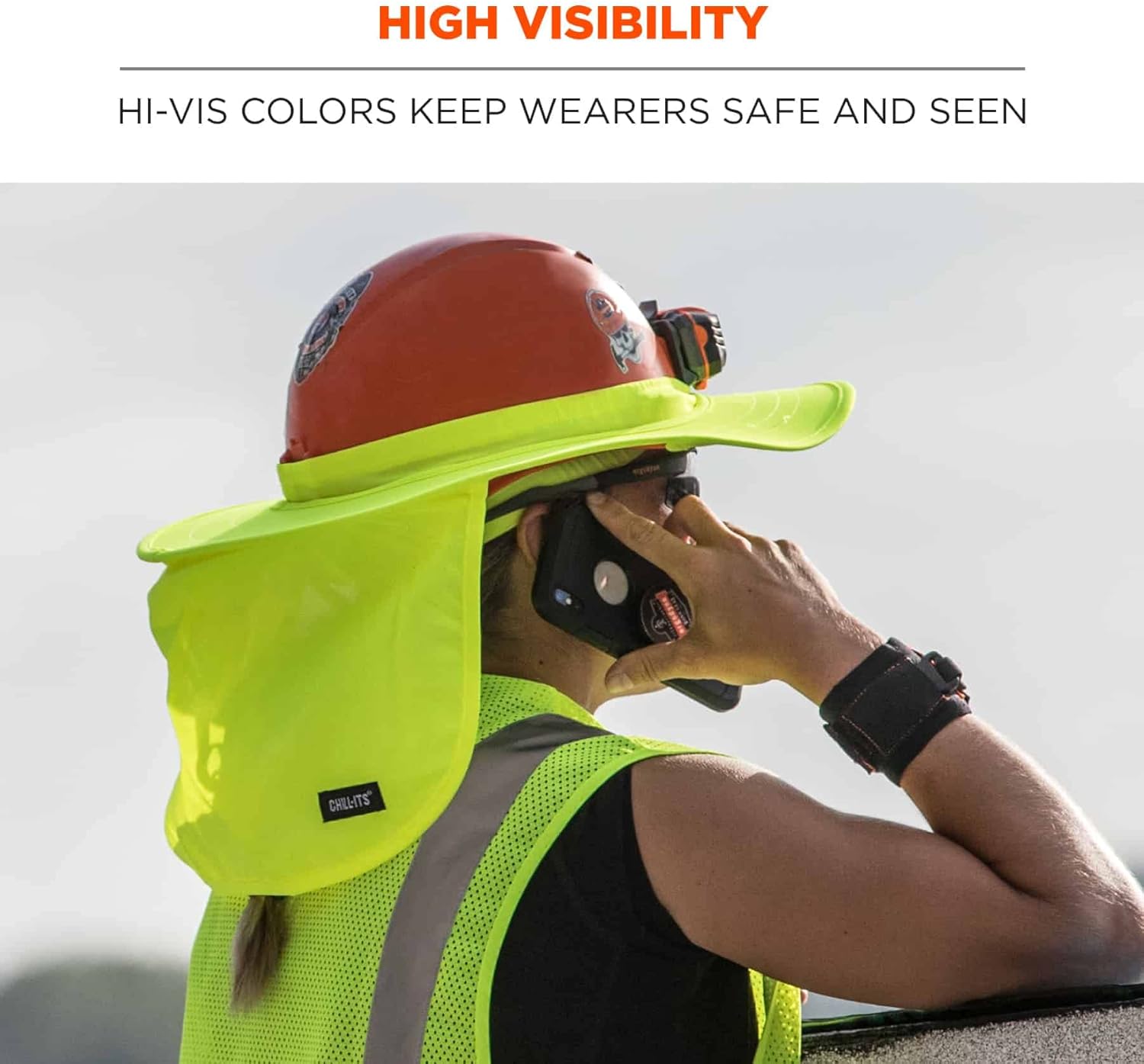 Ergodyne Chill-Its 6660 Attachable Hard Hat Brim with Neck Shade, Lime (Pack of 3)