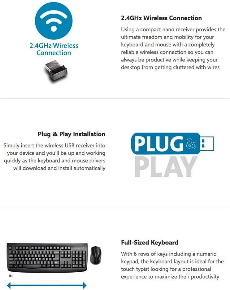 Kensington Pro Fit Wireless Combo Mouse and Keyboard Desktop Set (K72324US), Black