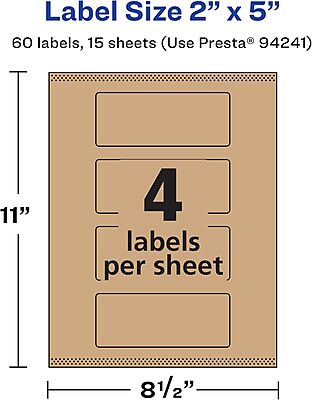 Avery Kraft Brown Rectangle Labels, Sure Feed Technology, 2" x 5", 60 Kraft Brown Labels, Print-to-The-Edge, Laser/Inkjet Printable 60 labels