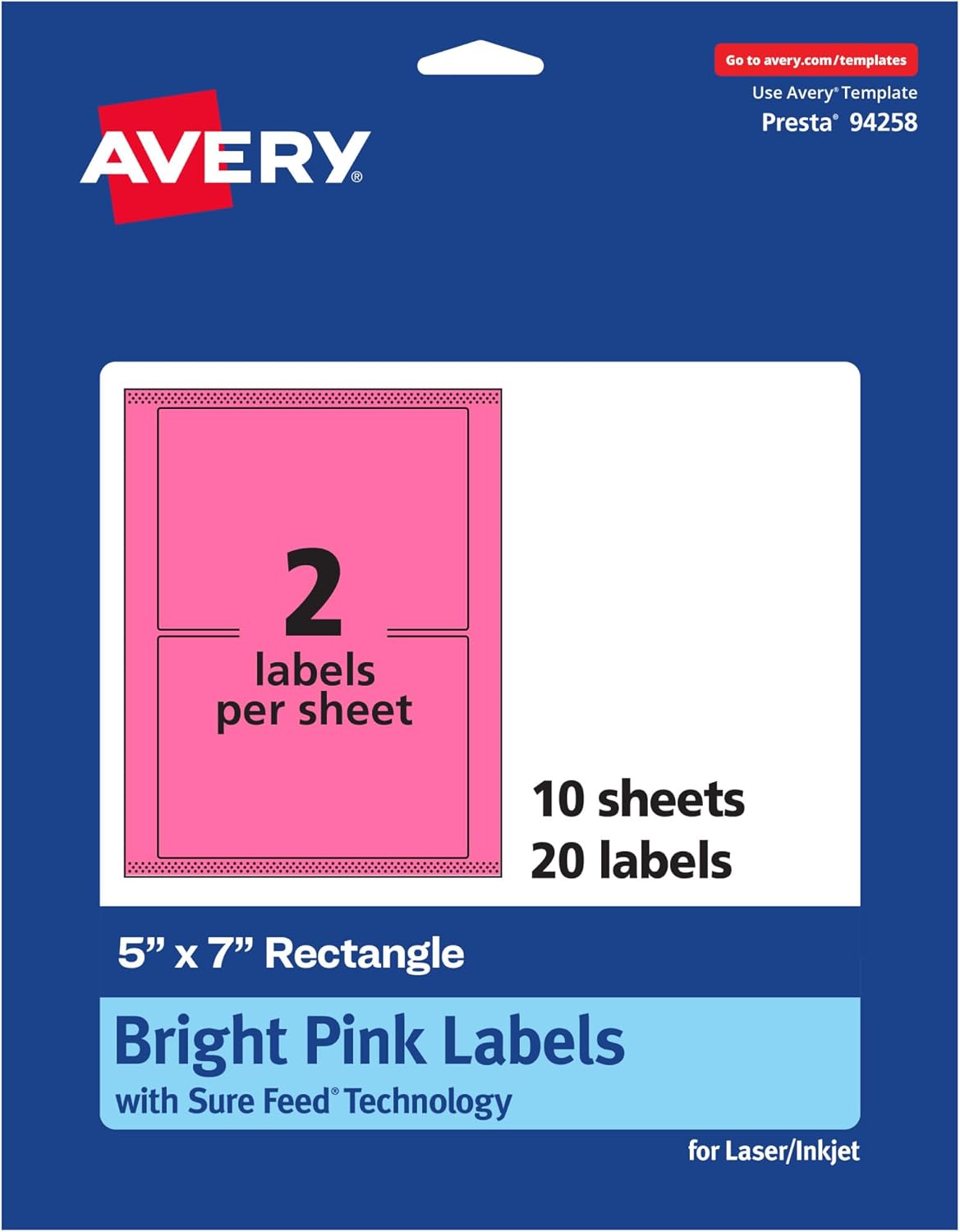 Avery Printable Rectangle Labels, Sure Feed Technology, 5" x 7", Bright Pink Labels, Laser/Inkjet Printable, 20 Total