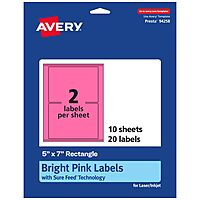 Avery Printable Rectangle Labels, Sure Feed Technology, 5" x 7", Bright Pink Labels, Laser/Inkjet Printable, 20 Total