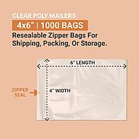 AVIDITI Clear Poly Bag Mailers 4"L x 6"W, Small 1000-Pack Bulk | Plastic Resealable Zipper Polybags for Small Business Shipping, Packing, or Storage 4x6