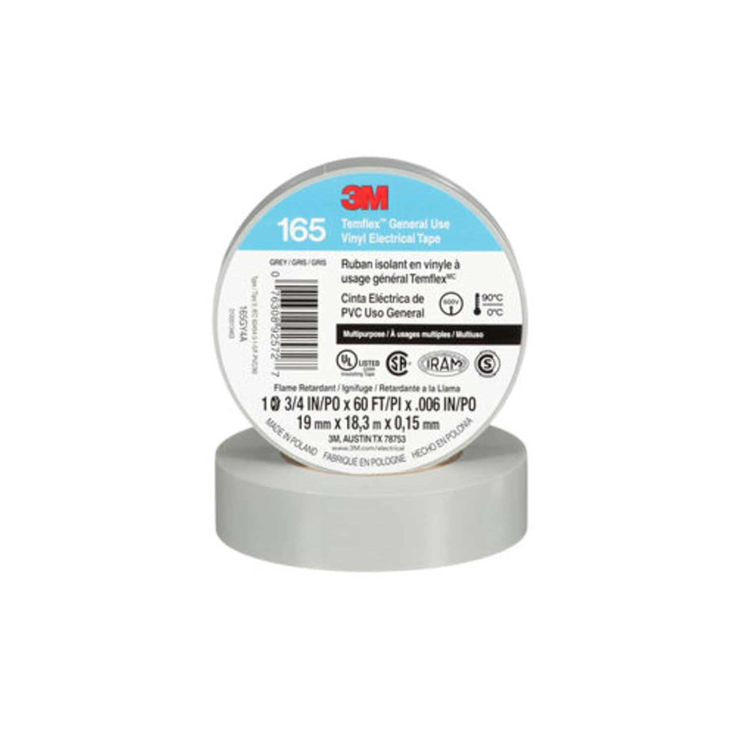 Electrical Tape: 3/4" Wide, 60' Long, 6 mil Thick, Gray