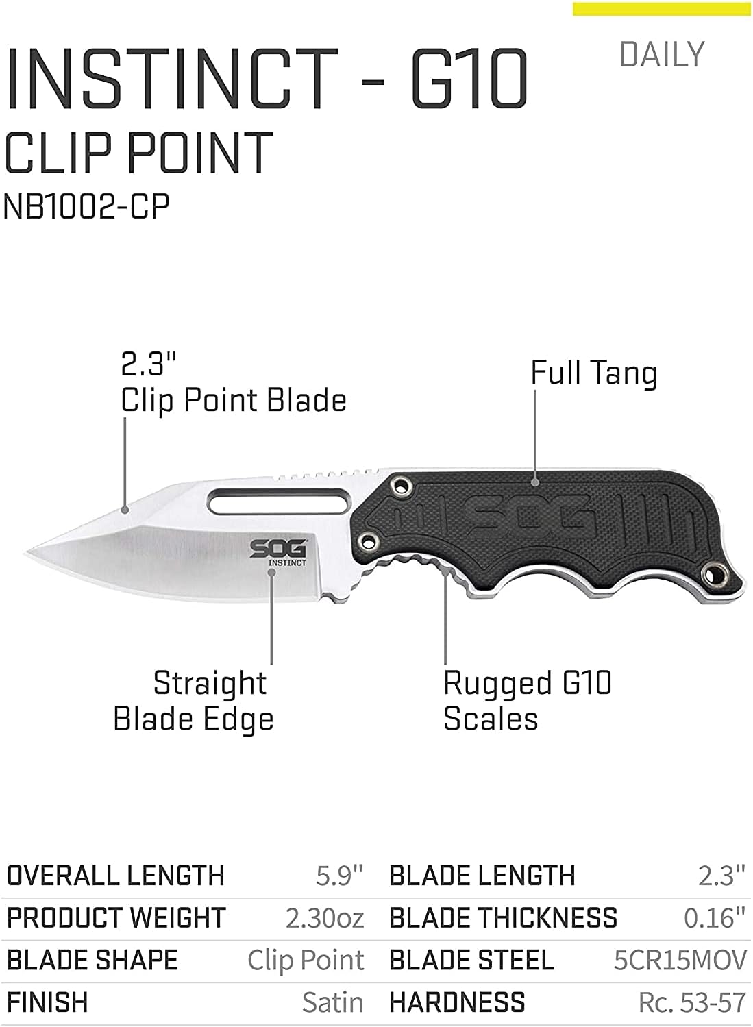 SOG Small Fixed Blade Knife - Instinct Boot Knife, EDC Knife, Neck Knife, 2.3 Inch Full Tang Blade w/ Knife Sheath and Clip