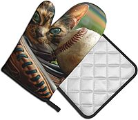 Baseball Printed Oven Mitts and Pot Holders Set of 2 - Heat Resistant, Waterproof Fabric - Ideal for Kitchen, Baking