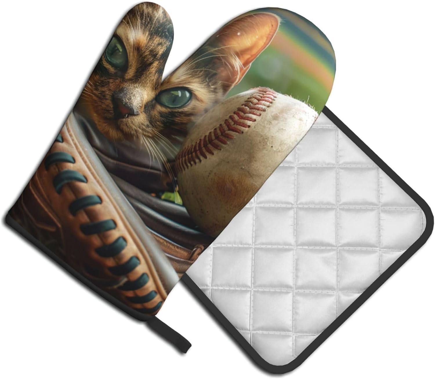 Baseball Printed Oven Mitts and Pot Holders Set of 2 - Heat Resistant, Waterproof Fabric - Ideal for Kitchen, Baking