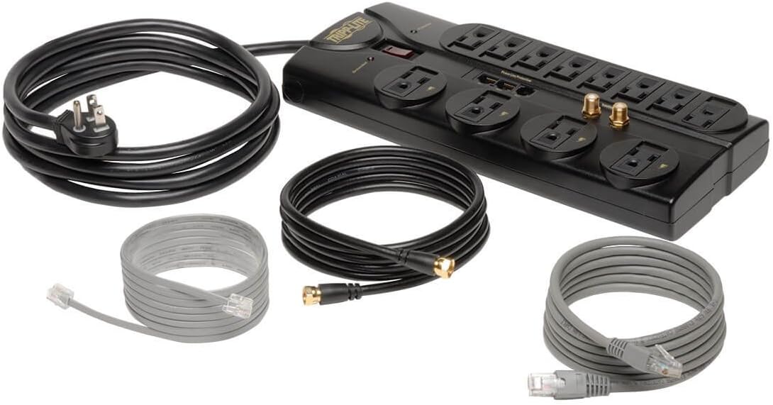 TRIPP LITE 12-Outlet Surge Protector Power Strip with Tel/Modem Protection, 8 ft Right-Angle Cord