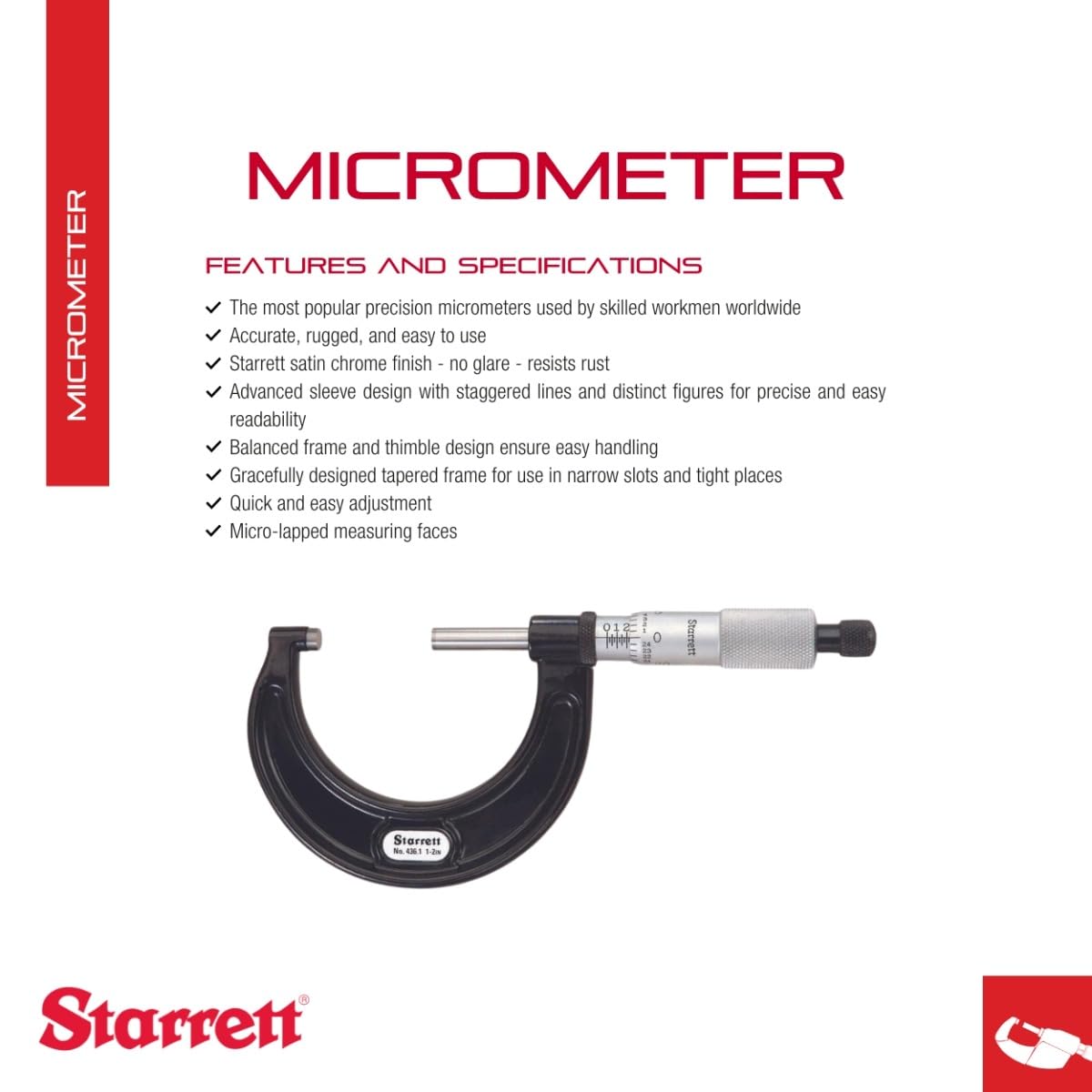 Starrett Outside Micrometer with One-Piece Spindle, Satin Chrome Finish and Advanced Sleeve Design - Graduation - 436.1XRL-2