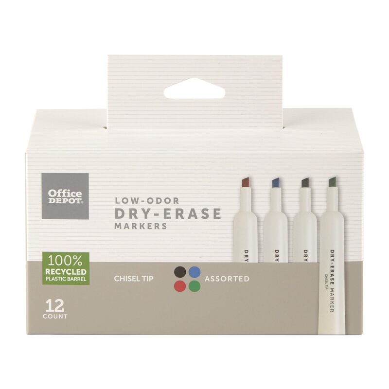 Office Depot Brand Low-Odor Dry-Erase Markers, Chisel Point, 100% Recycled Plastic Barrel, Assorted Colors, Pack Of 12, W3113124