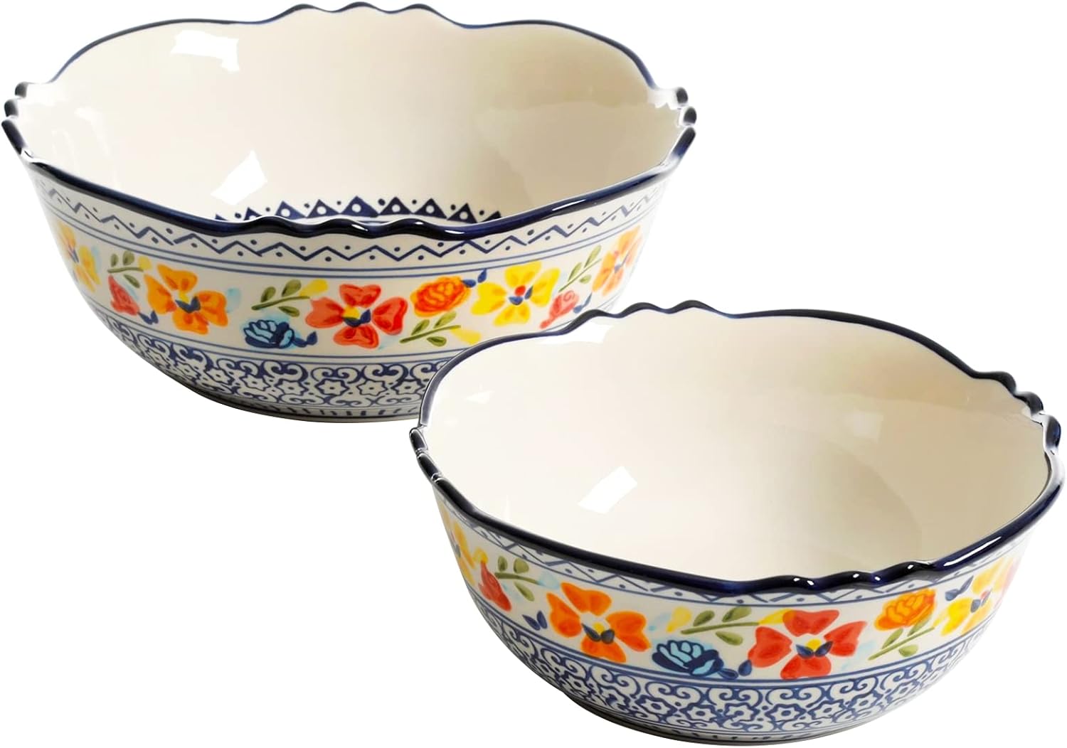 Gibson Home Luxembourg 2 Piece Stoneware Bowl Set, White with Blue Design, 10 and 8 Inch