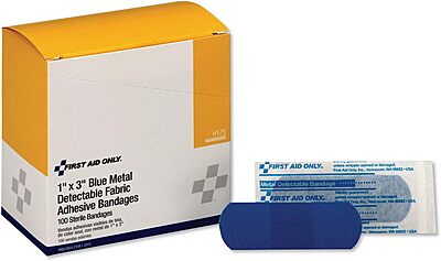 First Aid Only Adhesive Blue Metal Detectable Bandages, 1 X 3, Plastic with Foil, 100/box, 12 Boxes/Carton H175