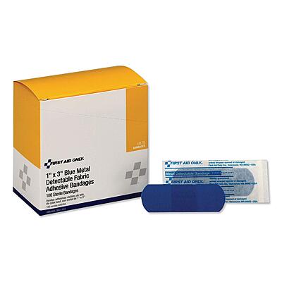 First Aid Only Adhesive Blue Metal Detectable Bandages, 1 X 3, Plastic with Foil, 100/box, 12 Boxes/Carton H175