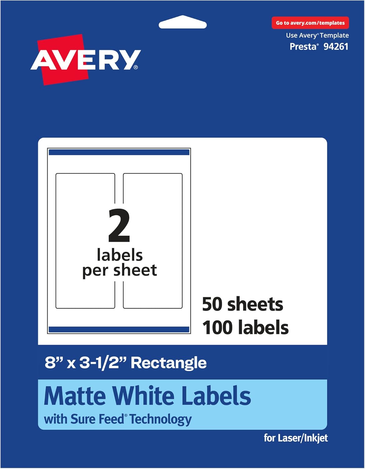 Avery Matte White Rectangle Labels, Sure Feed Technology, 8" x 3.5", 100 Matte White Printable Labels 100 Labels