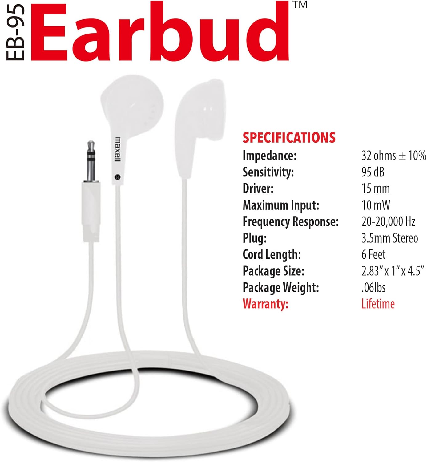 Maxell 190599 Dynamic Sound Wired Lightweight Extended Use Design Stereo Ear Bud - White (Value) 1 Standard Packaging