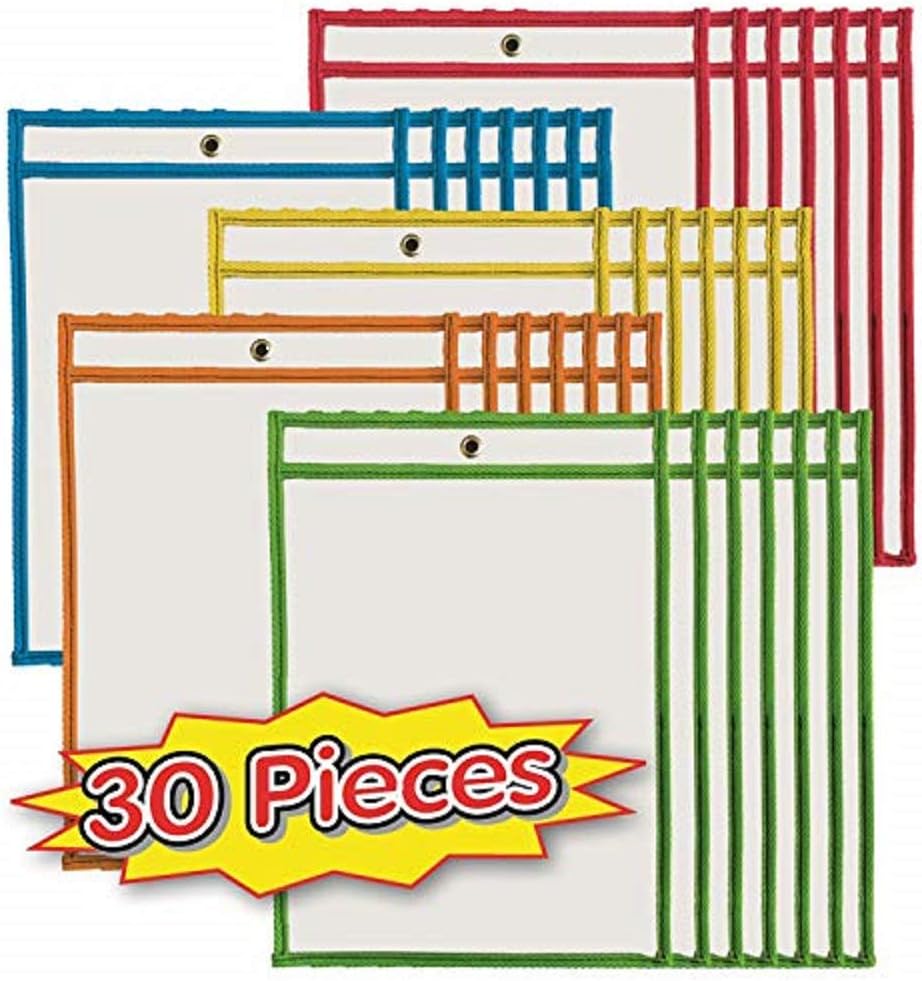Charles Leonard Dry Erase Pockets, 9" x 12", Assorted Colors, Set of 30 (29030)