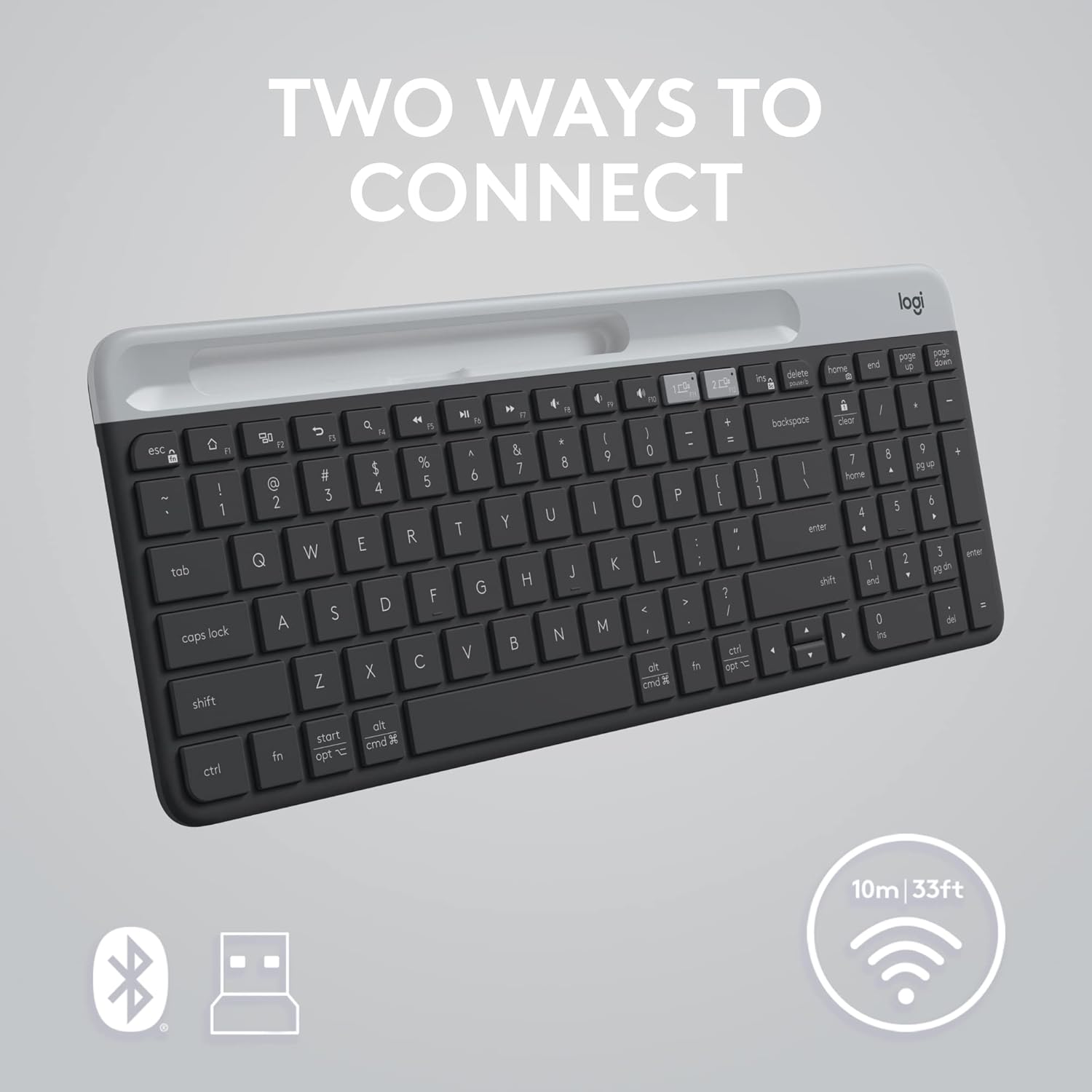 Logitech K585 Multi-Device Slim Wireless Keyboard, Built-in Cradle for Device; for Laptop, Tablet, Desktop, Smartphone