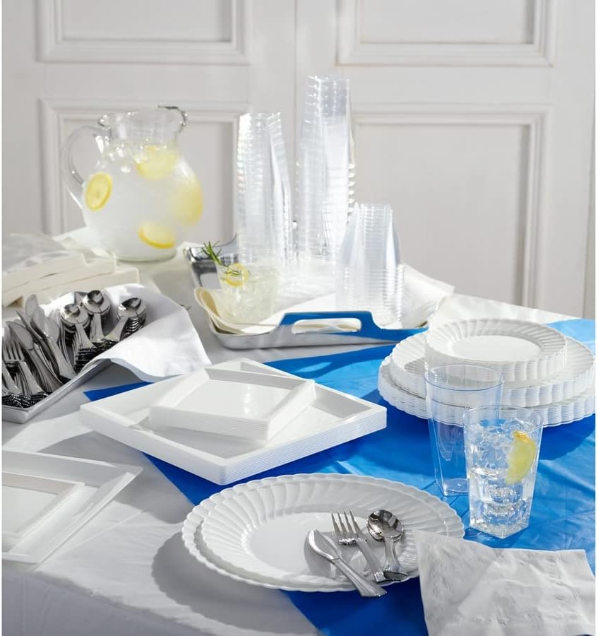 Genuine Joe Plastic Table Cover, 54" x 108', White, 6 Count