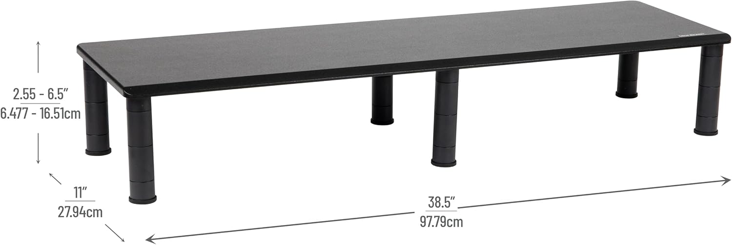 MIND READER Dual Monitor Stand, Height Adjustable Desktop Organizer Laptop Riser, 38.5" L x 11" W x 2.55-6.5" H, Black