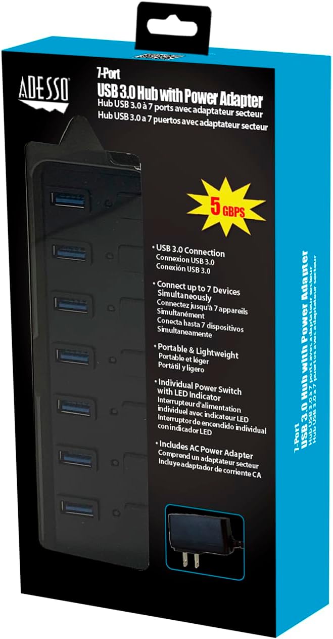 Adesso 7-Port USB 3.0 Hub with Individual Power Switch & Power Adapter