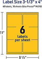Avery Printable Rectangle Labels, Sure Feed Technology, 3-1/3" x 4", Bright Yellow, Laser/Inkjet Printable