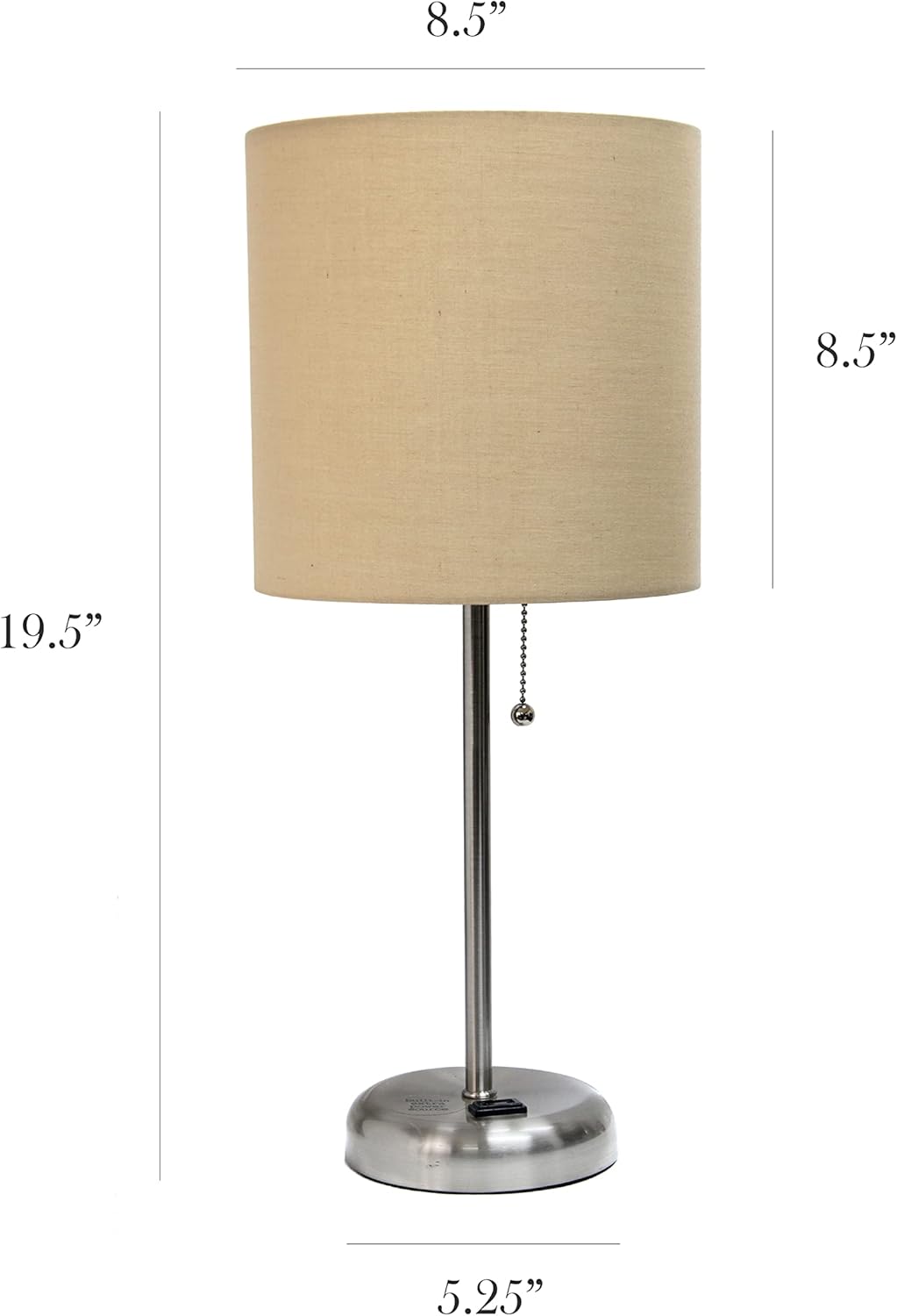 SIMPLE DESIGNS LT2024 Brushed Steel Stick Table Desk Lamp with Charging Outlet and Drum Fabric Shade