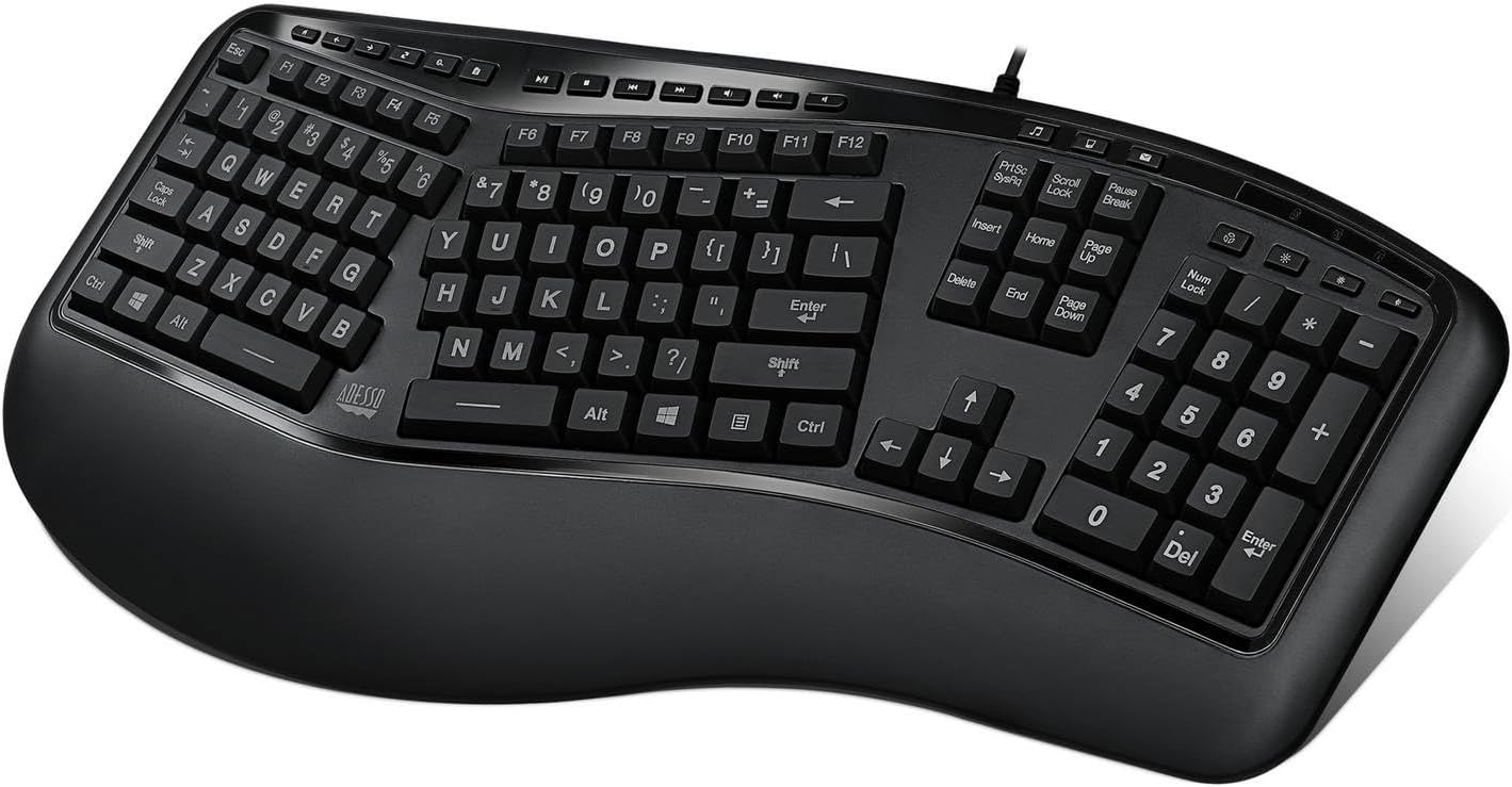 Adesso Tru-Form 150 3-Color Illuminated USB Ergonomic Keyboard, Black, AKB-150EB